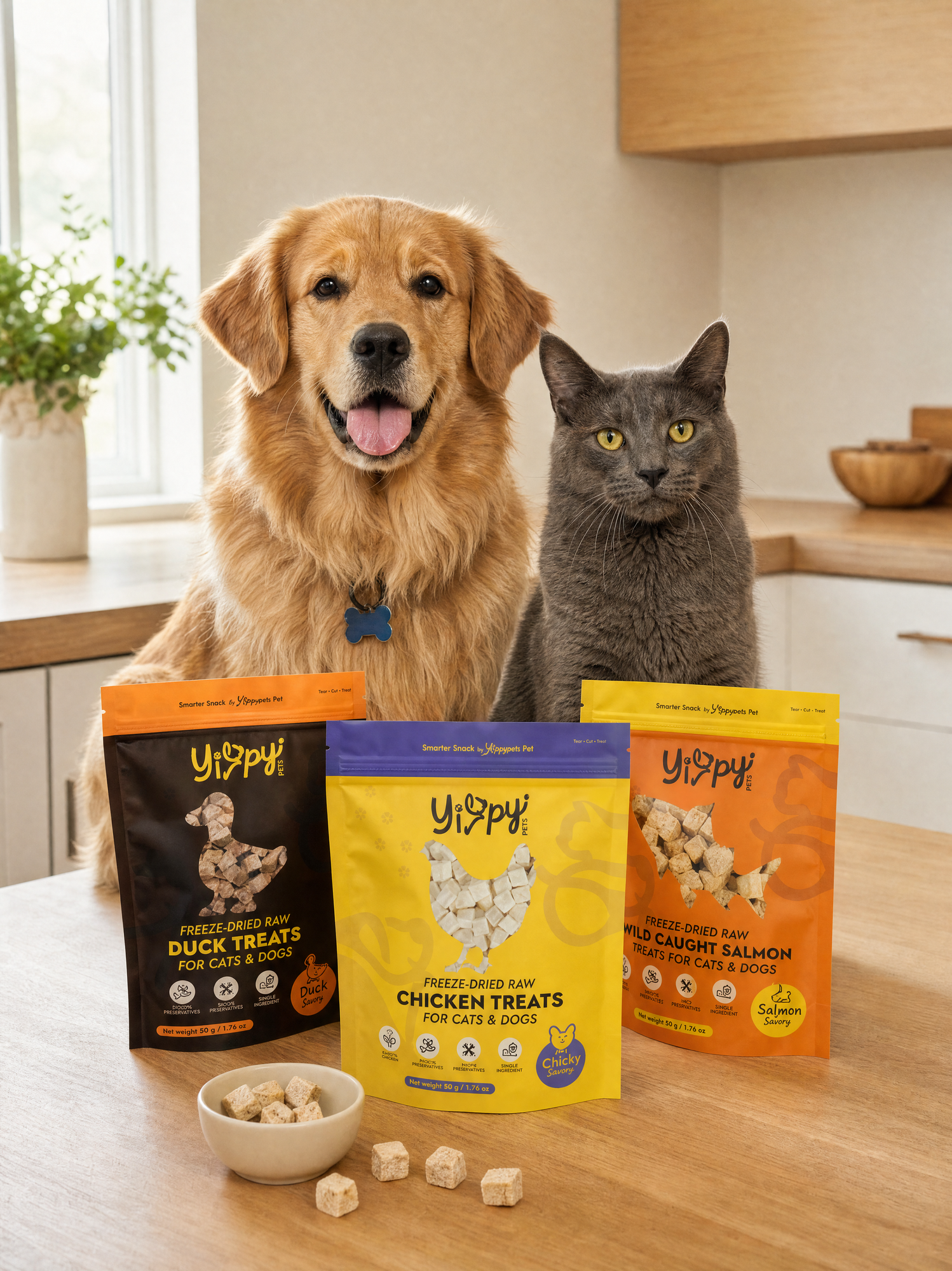 Yippypets treats with a golden retriever and grey cat in a warm kitchen